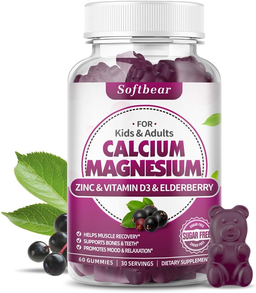 softbear Calcium Magnesium Zinc Gummies for Women, High Absorption Calcium Magnesium Supplement for Bone Strength, Sugar-Free, Vegan, Elderberry Flavor 60 Gummies