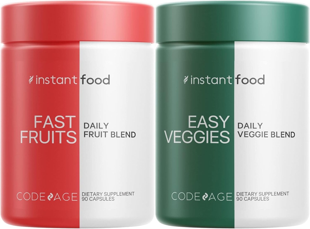 Codeage Instantfood Easy Veggies + Fast Fruits Vitamins Bundle, 30+ Daily Vegetables & Fruits Powders, Whole Food Green, Multivitamin, Fibers, Vegan Superfood Minerals Supplement - 180 Capsules