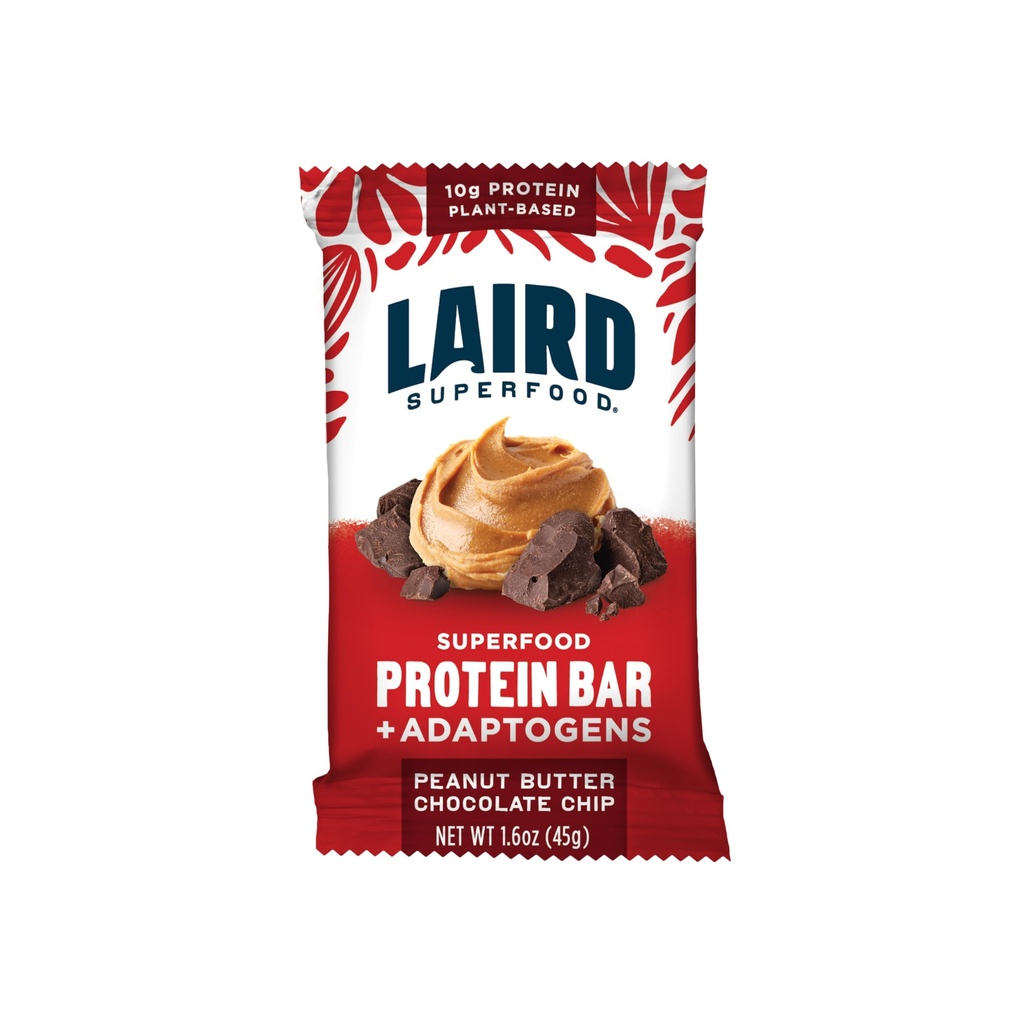 Laird Superfood Functional Protein Bars – Protein Bar but Better with Real Ingredients, Functional Mushrooms 10g Plant-Based Protein, 6g Fiber - Non-GMO - Peanut Butter Chocolate Chip, 10 Count (Pack of 1)
