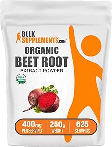 BulkSupplements.com Organic Beet Root Extract Powder - Beet Root Powder, Nitric Oxide Supplement - Vegan & Gluten Free, 400mg per Serving, 250g (8.8 oz) (Pack of 1)