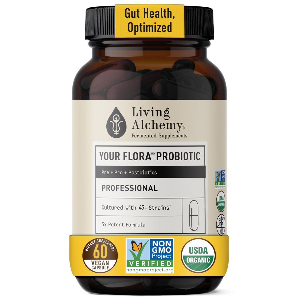 Living Alchemy Gut Health Supplements for Men & Women - Your Flora Probiotic Professional Digestion Supplement with Fermented Soybean, Prebiotics, Digestive Enzyme - Vegan, Non-GMO, 60 Pcs