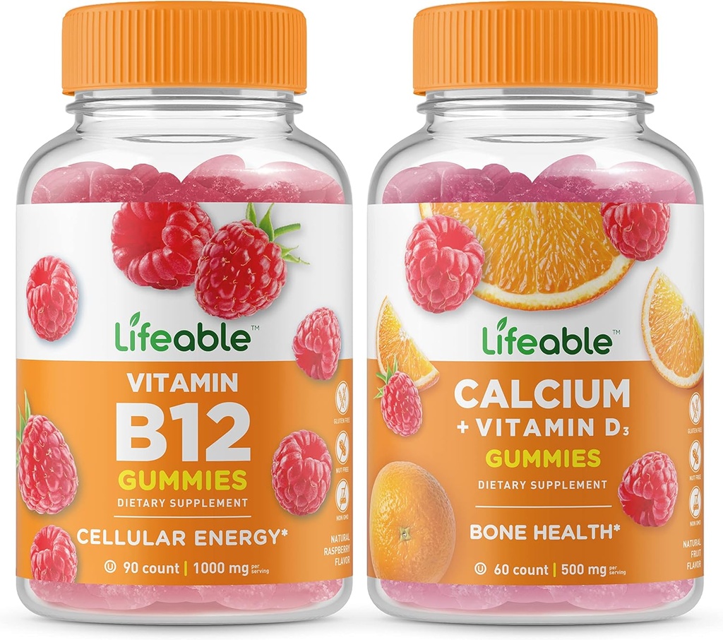 Lifeable Vitamin B12 + Calcium with Vitamin D, Gummies Bundle - Great Tasting, Vitamin Supplement, Gluten Free, GMO Free, Chewable