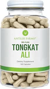 Antler Farms - 100% Pure Tongkat Ali Extract 200:1, 180 Capsules, 500mg - Eurycoma Longifolia Slow Grown Aged Roots from Indonesia – Men’s Health Support, Vegan, Gluten, Soy and Dairy Free