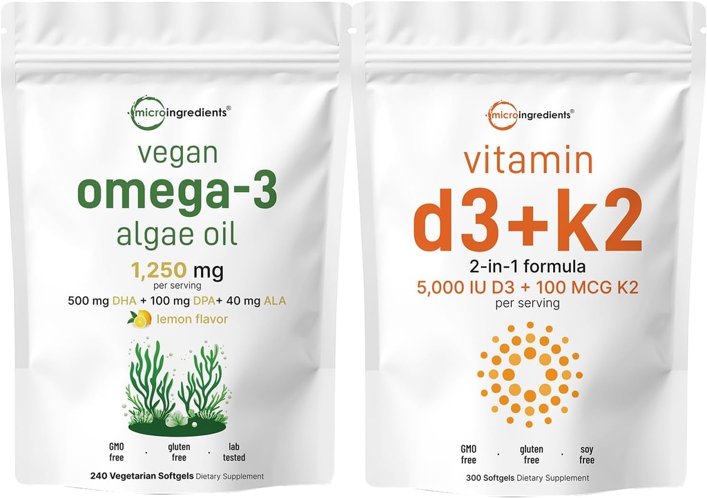 Micro Ingredients Vitamin D3 5,000iu + K2 100mcg Softgels & Vegan Omega 3 Algae Oil Supplement Bundle 2 Pack | Essential Sunshine Vitamins | Omega-3 Full Spectrum Alternative to Fish Oil