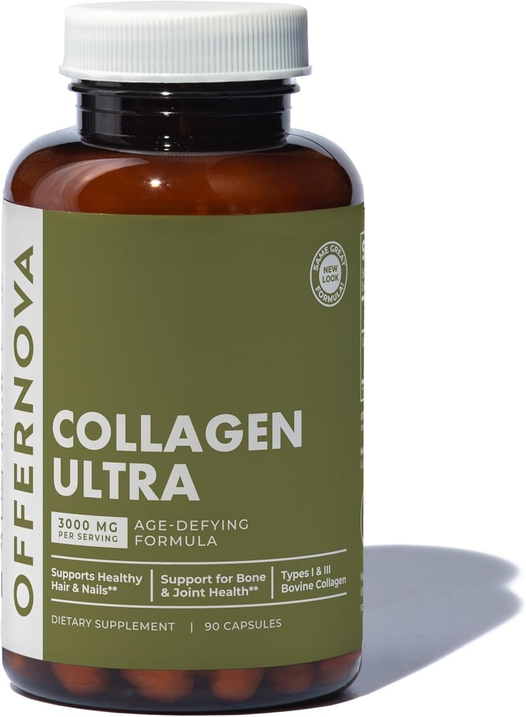 Offernova Collagen Ultra Hydrolyzed Collagen Supplements - 3000mg Anti Aging Bovine Collagen Peptides for Healthy Joints, Bones, Hair and Skin. Pastilla de Colageno Hidrolizado, 90 Capsules