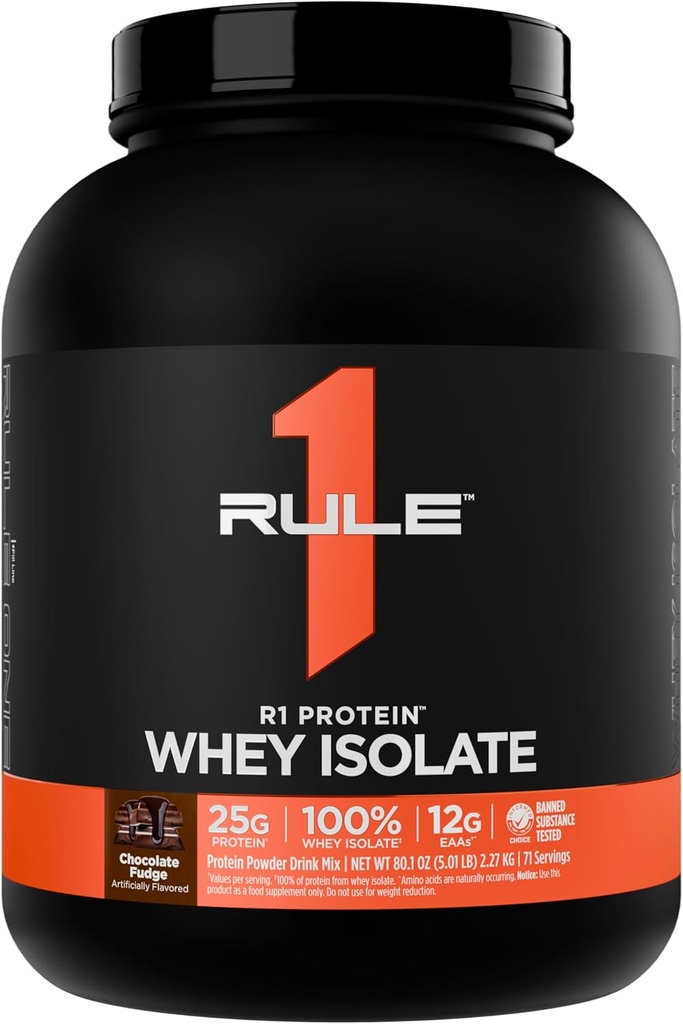 Rule 1 R1 Protein Whey Isolate - with 25g Protein & 6g BCAA Exclusively from Isolated & Hydrolyzed Sources for Workout Recovery (5 Pounds*, Chocolate Fudge)