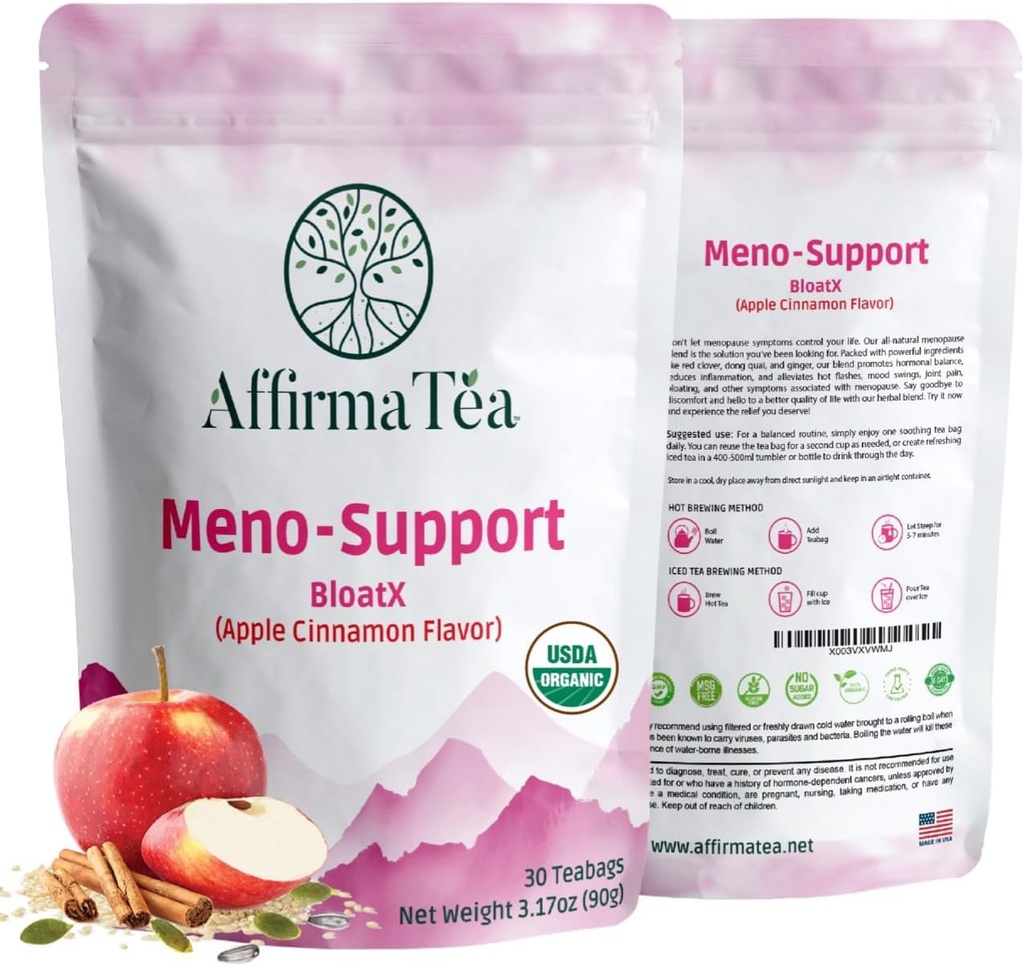 Meno-Support BloatX Organic Menopause Relief: Balances & Supports Hot Flashes, Hormones, Moods Swings, Night Sweats, & Bloating W/Black Cohosh, Red Clover & Dong Quai. Natural Apple-Cinnamon Flavor.