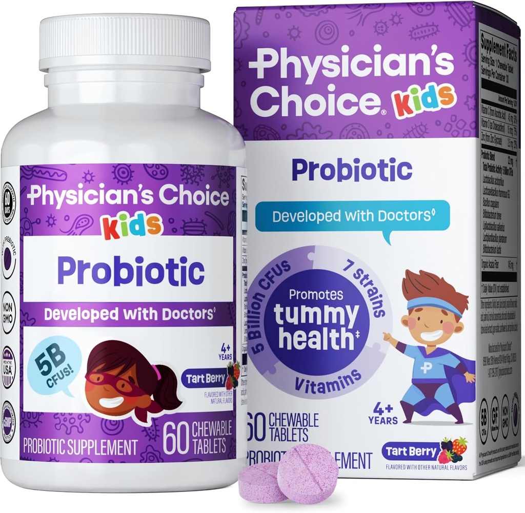 Physician's CHOICE Probiotics for Kids - 7 Diverse Strains, Organic Prebiotics, Vitamins & Minerals - Clinically Studied L. Rhamnosus - Immune & Digestive Support - No Sugar or Artificial Dyes - 60ct
