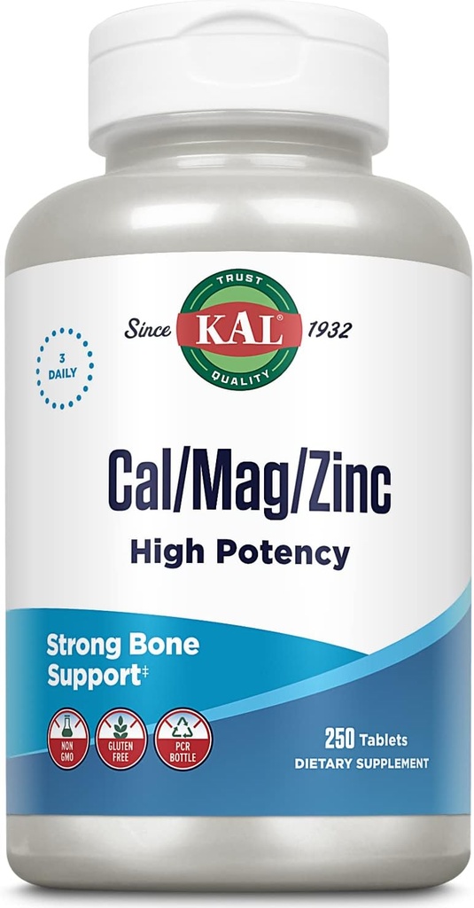 KAL Cal/Mag/Zinc | 1000mg Calcium, 400mg Magnesium & 15mg Zinc | Bone, Muscle, Heart & Immune Support | 250ct, 83 Serv.
