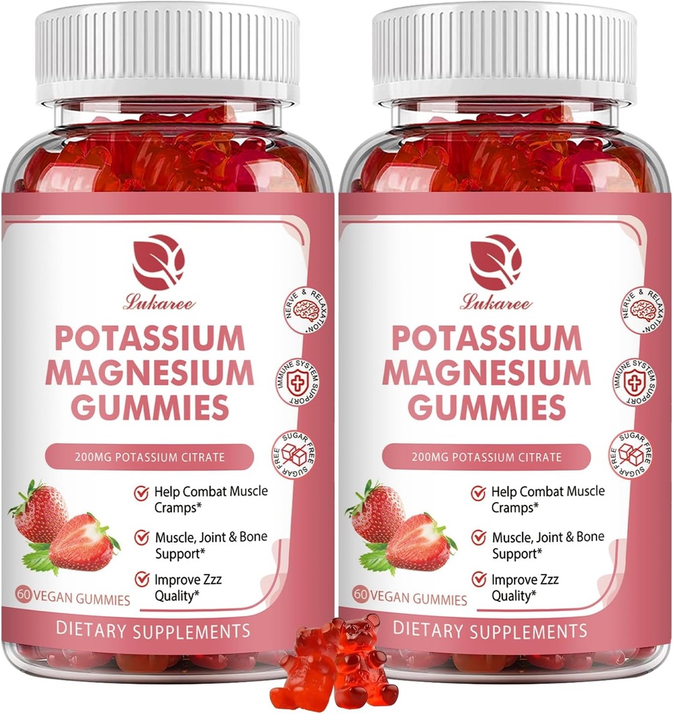 Magnesium Potassium Supplement Gummies - New Formula Calm Magnesium Glycinate Gummies & Potassium Citrate 200 mg Plus Omega 3, B6, D3, K2 & Calcium for Zzz, Leg Cramps & Muscle - 120 Count