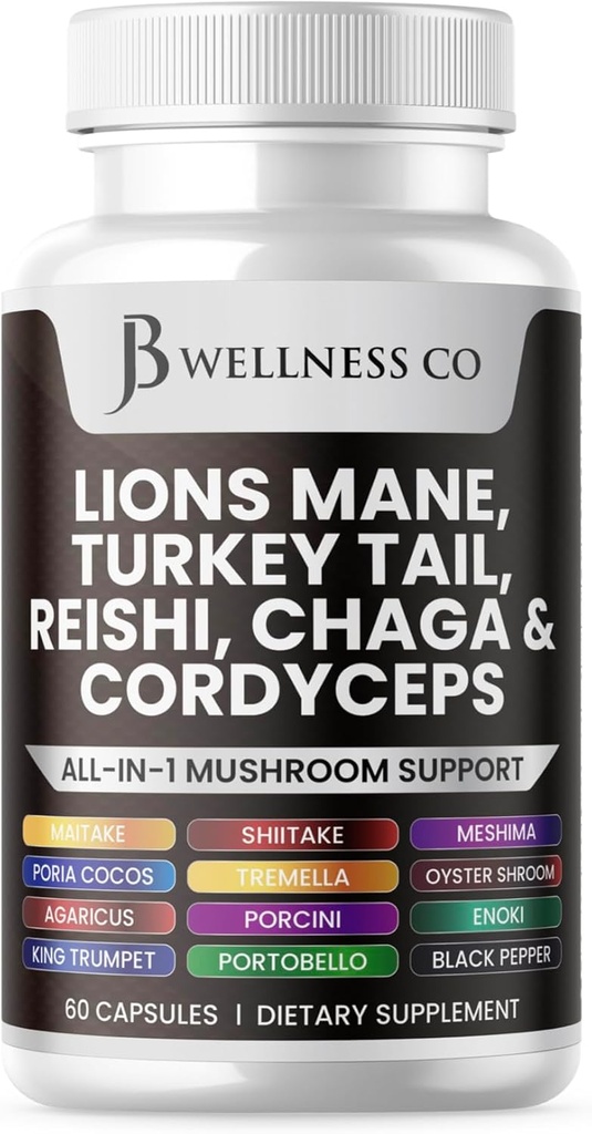 Lions Mane Supplement Cognitive Support, Immune Health with Turkey Tail 20in1 Mushroom Reishi Cordyceps Chaga with Marshmallow Root 60 Count