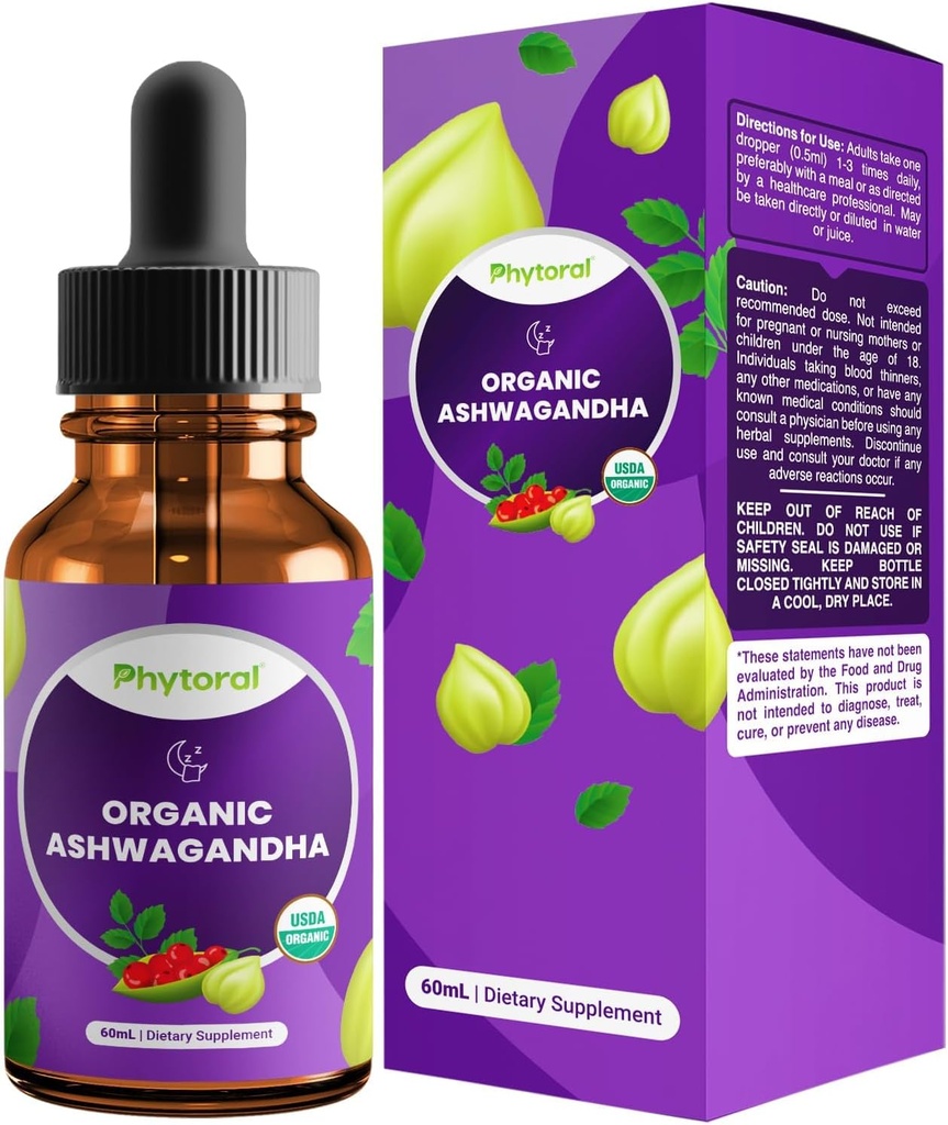 Phytoral Organic Ashwagandha Liquid Drops for Adults - Potent Liquid Ashwagandha Root Extract for Energy and Mood Support - Tincture Vegan Non-GMO Gluten & Alcohol-Free (120 Servings)