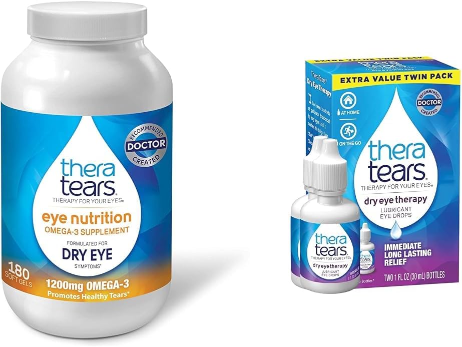 TheraTears 1200mg Omega 3 Supplement for Eye Nutrition, Organic Flaxseed Triglyceride Fish Oil and Vitamin E, 180 Count & Dry Eye Therapy Lubricating Eye Drops for Dry Eyes, 1 fl oz Bottle Twin Pack