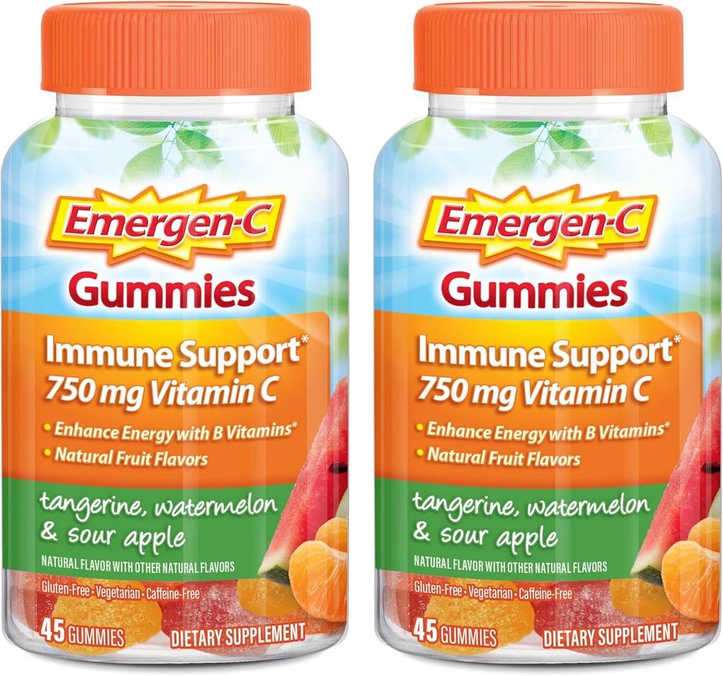 Emergen-C Vitamin C Gummies, Dietary Supplement for Immune Support, Tangerine, Watermelon and Sour Apple Flavor - 45 Count x 2 (Pack of 2)