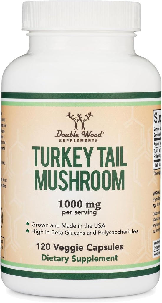 Turkey Tail Mushroom Supplement (120 Capsules - 2 Month Supply) (Coriolus Versicolor) Comprehensive Immune System Support, Non-GMO, Gluten Free, Grown and Encapsulated in The USA by Double Wood