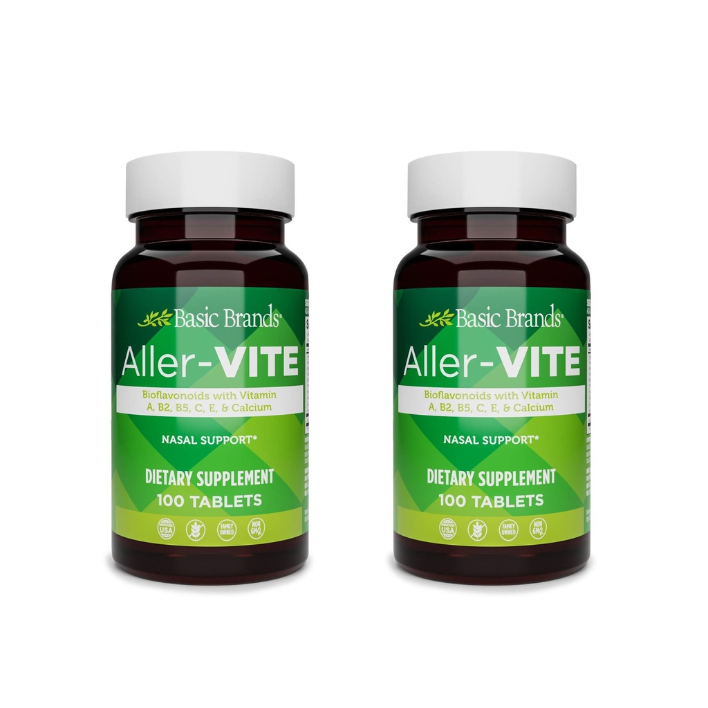 Basic Brands Aller-Vite - Natural Allergy Relief Tablets - Homeopathic Sinus & Nasal Support with Bioflavonoids, Vitamins A, B2, B5, C, E & Calcium - 100 Vegan Tablets - 2-Pack