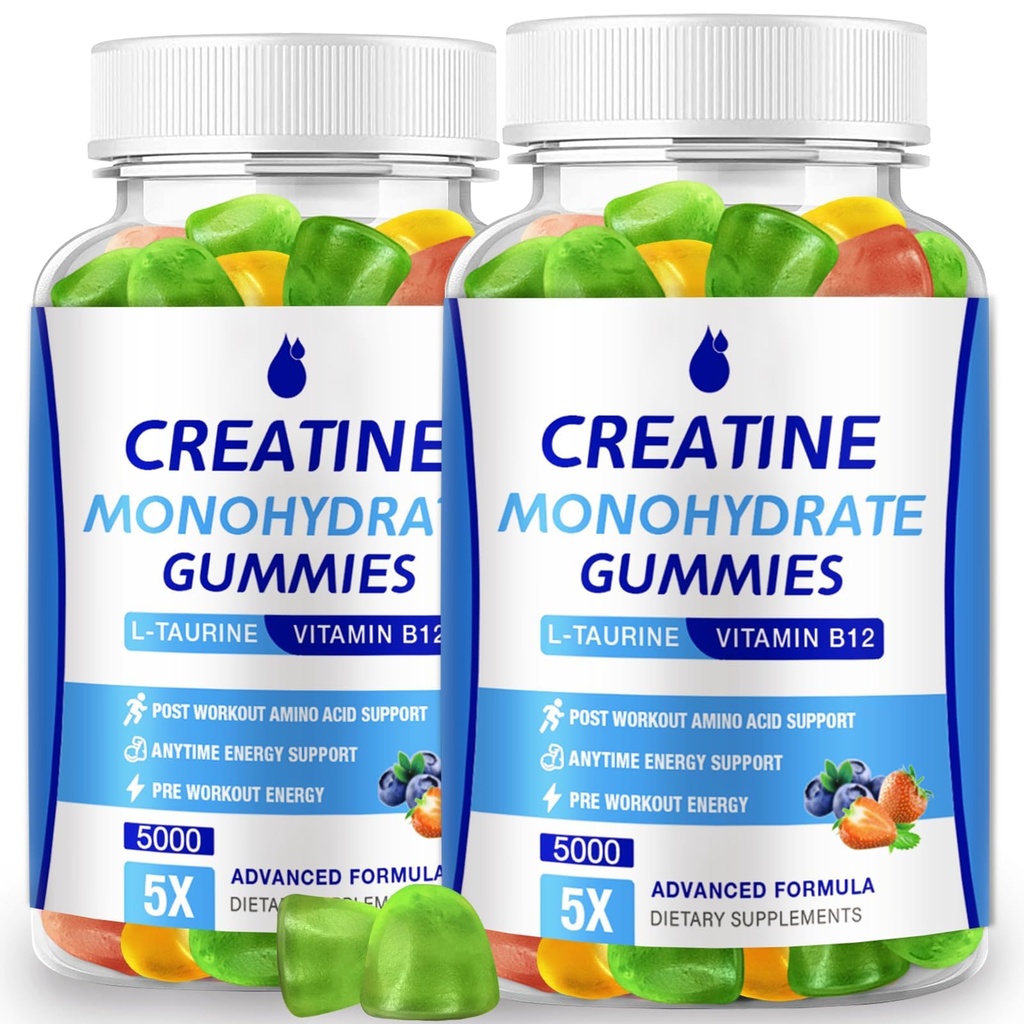 Creatine Monohydrate Gummies 5000mg Creatine for Women & Men 2 Packs, Creatine Monohydrate Chew for Boost Focus, Muscle Strength, 5g Creatine Monohydrate per Serving, Sugar Free, Vegan