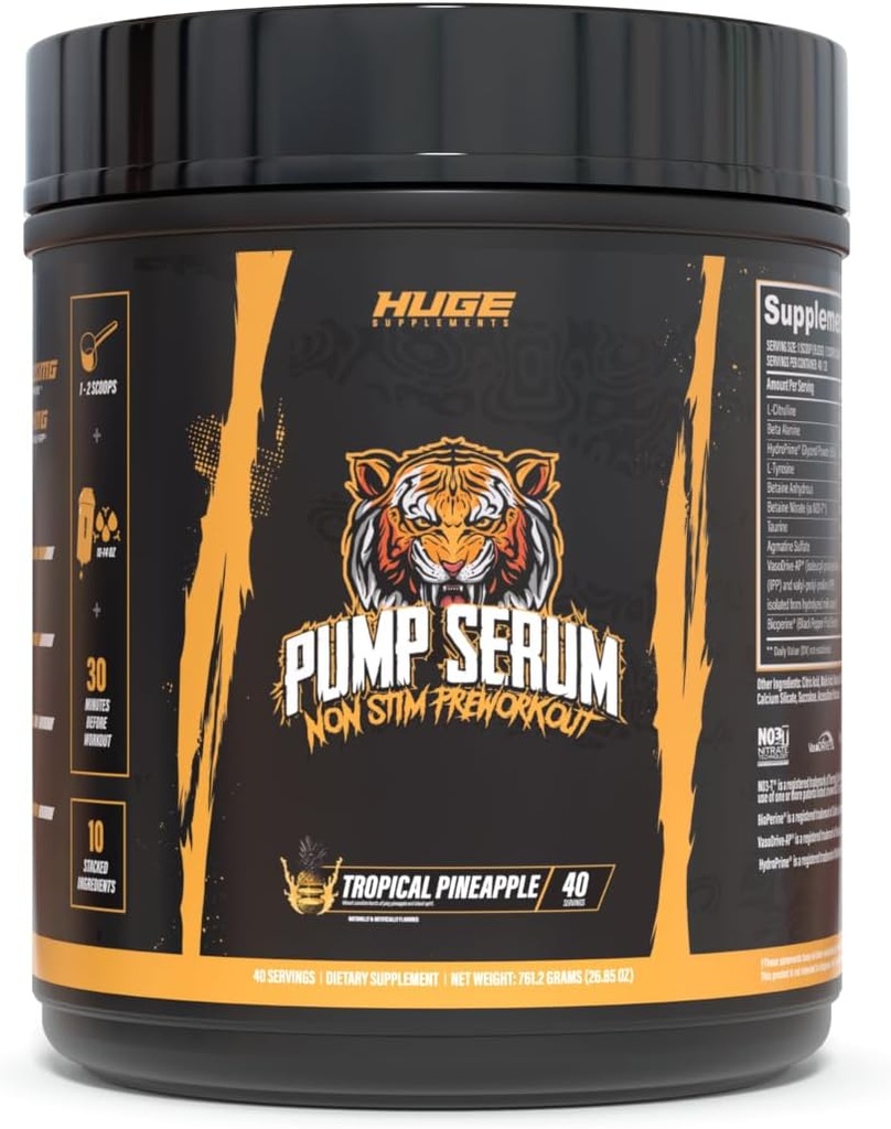 Huge Supplements Pump Serum, Stim Free Pre Workout and Nitric Oxide Booster to Enhance Focus, Pumps, Fulness with No Caffeine, L-Citrulline, GlycerPump, L-Tyrosine, Nitrosigine (Tropical Pineapple)