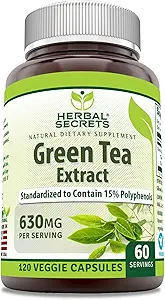 Herbal Secrets Green Tea Extract 630 Mg Per Serving | Veggie Capsule Supplement | Non-GMO | Gluten Free | Made in USA (1 Pack, 120 Count)