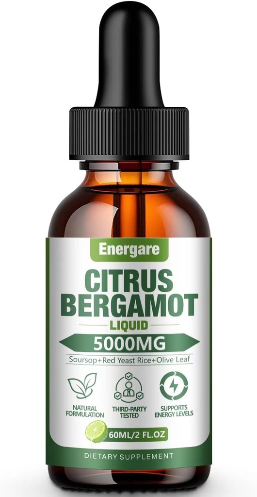 1 Pack 5000MG Citrus Bergamot Liquid Drops Supplement for High Cholesterol-Soursop, Red Yeast Rice, Olive Leaf-All-Natural, Health Support, Immune Support, Heart Health & Antioxidant, 2 Fl Oz