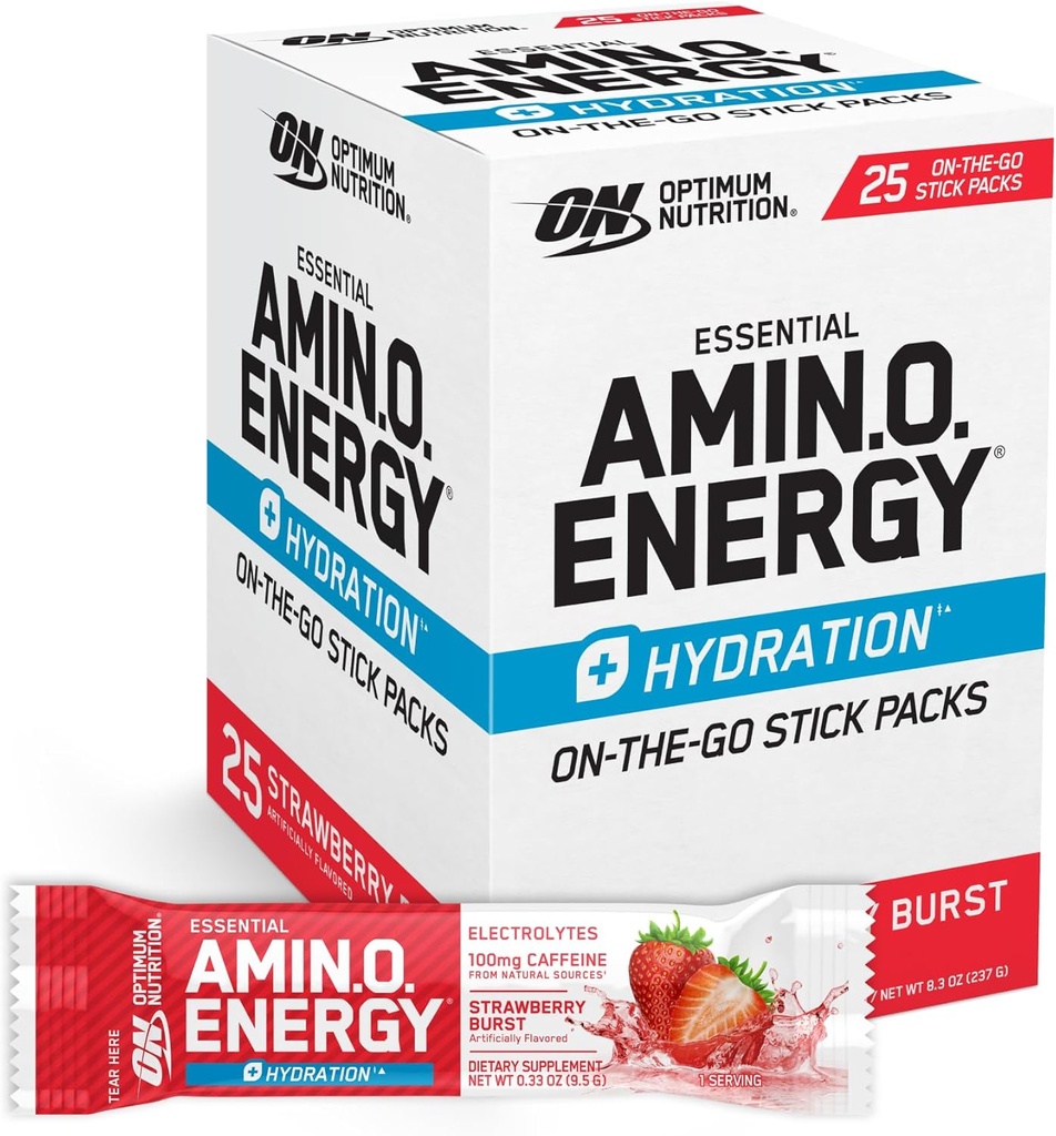 Optimum Nutrition Amino Energy Plus Hydration Packets, On-The-Go Energy Powder Stick Packs, Strawberry Burst, 25 Count
