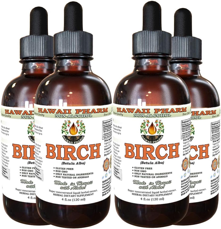 Birch Alcohol-Free Liquid Extract, Birch (Betula Alba) Dried Bark Glycerite Hawaii Pharm Natural Herbal Supplement 4x4 oz