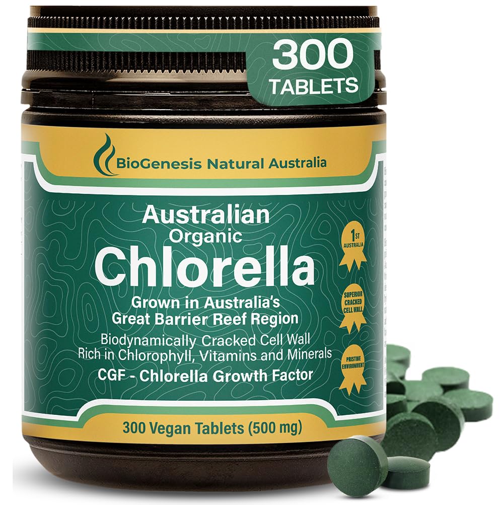 Biogenesis Organic Chlorella Tablets – 300 Count (500mg) | Australian Grown | BioDynamic Cracked Cell Wall | Rich in Chlorophyll, Vitamins & Minerals | Supports Energy& Immunity | Vegan Tablet