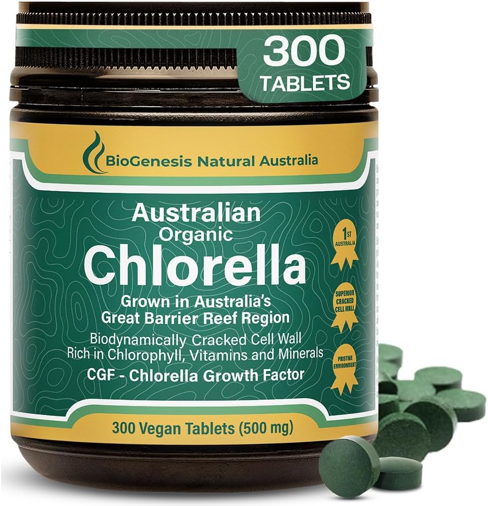 Biogenesis Organic Chlorella Tablets – 300 Count (500mg) | Australian Grown | BioDynamic Cracked Cell Wall | Rich in Chlorophyll, Vitamins & Minerals | Supports Energy& Immunity | Vegan Tablet