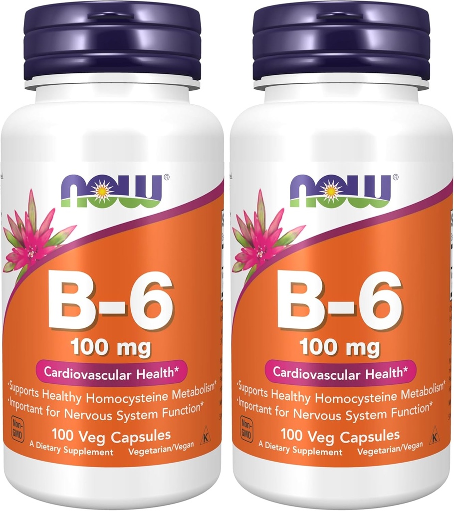 NOW Supplements, Vitamin B-6 (Pyridoxine HCl) 100 mg, Cardiovascular Health*, 100 Veg Capsules (Pack of 2)