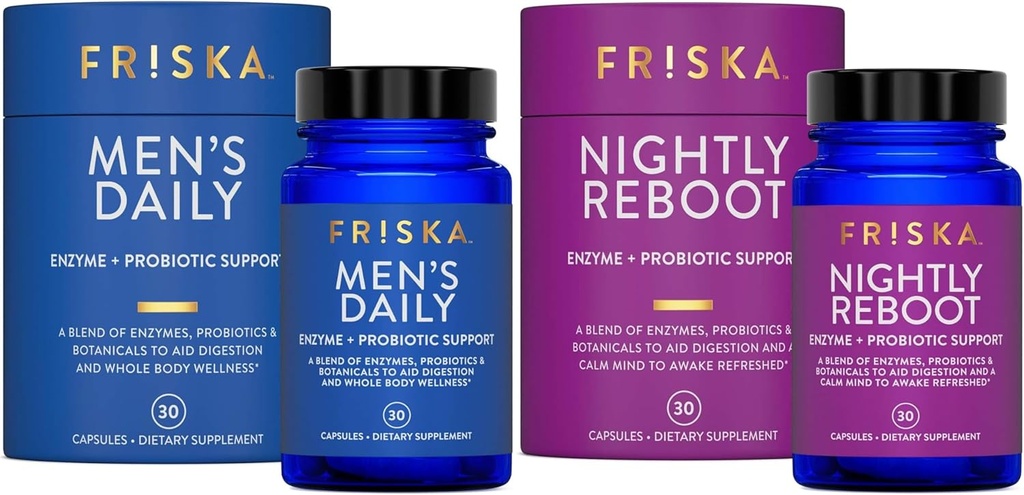FRISKA Mens & Nightly Probiotic Bundle | Digestive Enzymes & Probiotics Supplement | Male & Nightime Digestion & Bloating Support | 30 Capsules per Bottle
