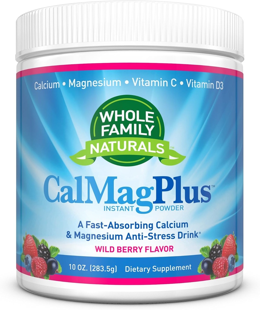 Calcium Magnesium Powder Supplement - CalMag Plus with Vitamin C & D3 - Gluten Free, Non GMO, Wild Berry Flavor - Natural Calm & Stress Relief Cal Mag Drink - Natural Calm Calcium & Magnesium Powder