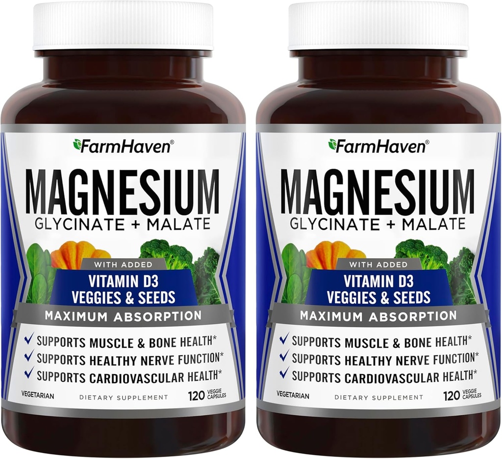 FarmHaven Magnesium Glycinate & Malate Complex w/Vitamin D3, 100% Chelated for Max Absorption- Bone Health, Nerves, Muscles, 240 Capsules, 120 Days
