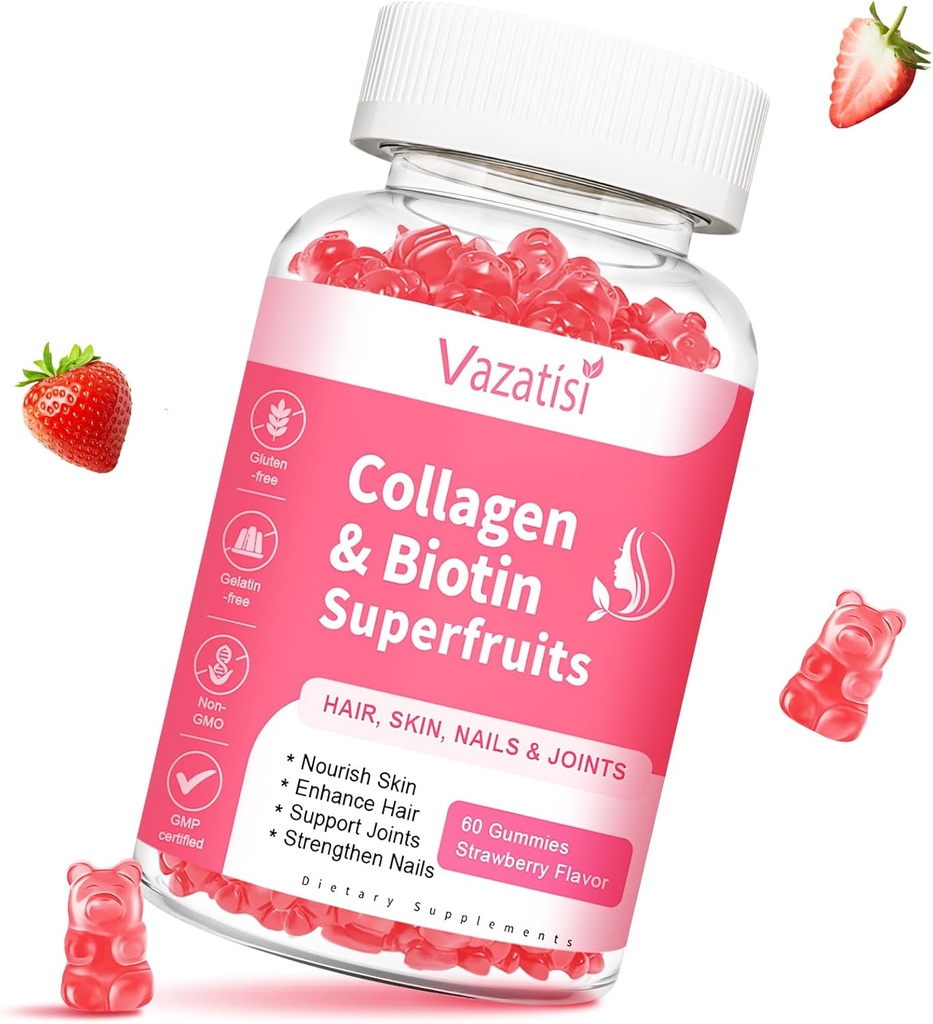 Sugar Free Collagen Gummies for Women Men, Multi Collagen Peptides Gummies Type I II III V X with Biotin Vitamin A B C D E for Hair Skin Nails, Strawberry Flavor, 60 Count