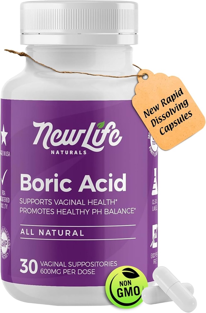 NewLife Naturals - Boric Acid Suppositories for Women pH Balance Pills - 600mg - Feminine Care - Vaginal Odor Itching Discharge BV | Made in USA | 30 Capsules