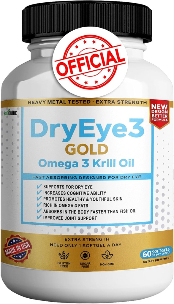 Dry Eye 3 Gold Omega 3 Krill Oil Extra Strength, 60 Softgels, Dry Eye Support, Non-GMO, Gluten Free, Sugar Free (1)