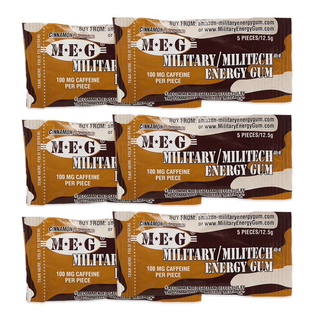 MEG - Military Energy Gum | 100mg of Caffeine Per Piece + Increase Energy + Boost Physical Performance + Cinnamon 6 Pack (30 Count)