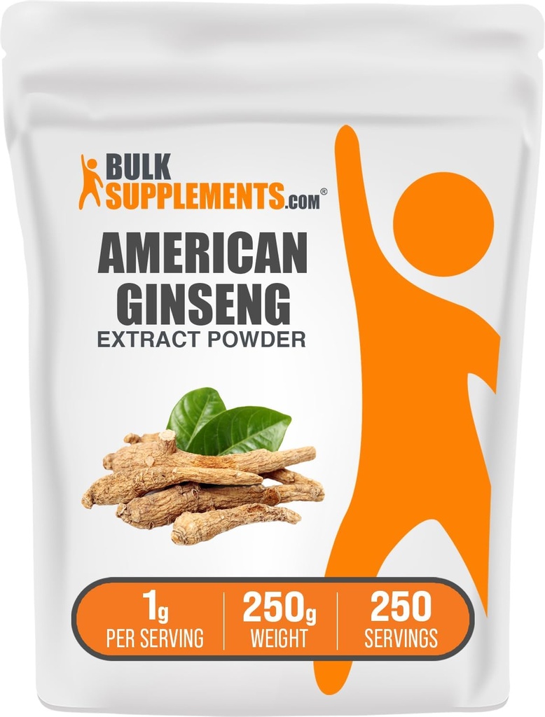 BulkSupplements.com American Ginseng Extract Powder - Ginseng Supplement, Herbal Supplements - Gluten Free, 1g per Serving, 250g (8.8 oz) (Pack of 1)