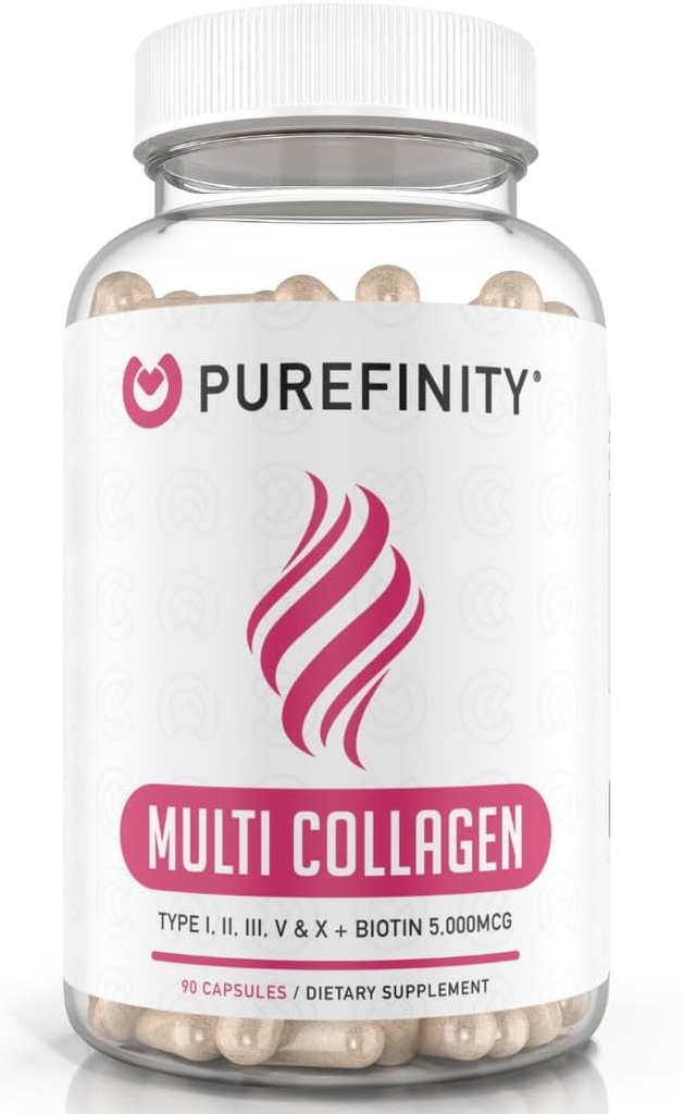 PUREFINITY Collagen Peptides for Women – Type I, II, III, V & X with Biotin & Hyaluronic Acid, Supports Healthy Skin, Bones, Hair & Nails – Non-GMO, Grass-Fed (90 Capsules, 1 Month Supply)