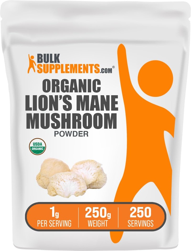 BulkSupplements.com Organic Lions Mane Mushroom Powder - Lions Mane Powder, Mushroom Supplement - Vegan & Gluten Free, 1g per Serving, 250g (8.8 oz) (Pack of 1)