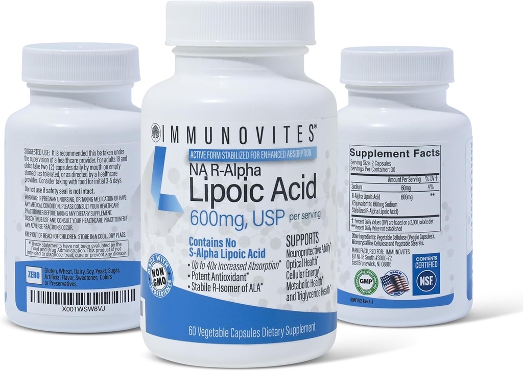 IMMUNOVITES 3-Pack Stabilized R-Alpha Lipoic Acid ((True)) 600mg per Serving [[High Potency & up to 40x Increased Absorption]] (Na R-ALA) (Na R-LA) (Na R-Lipoate) (3 Bottles)