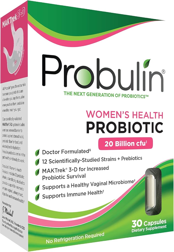 Probulin Women’s Health Probiotic + Prebiotic for Vaginal, Gut & Immune Health - 20 Billion CFU - 12 Probiotic Strains, 30 Vegan Capsules