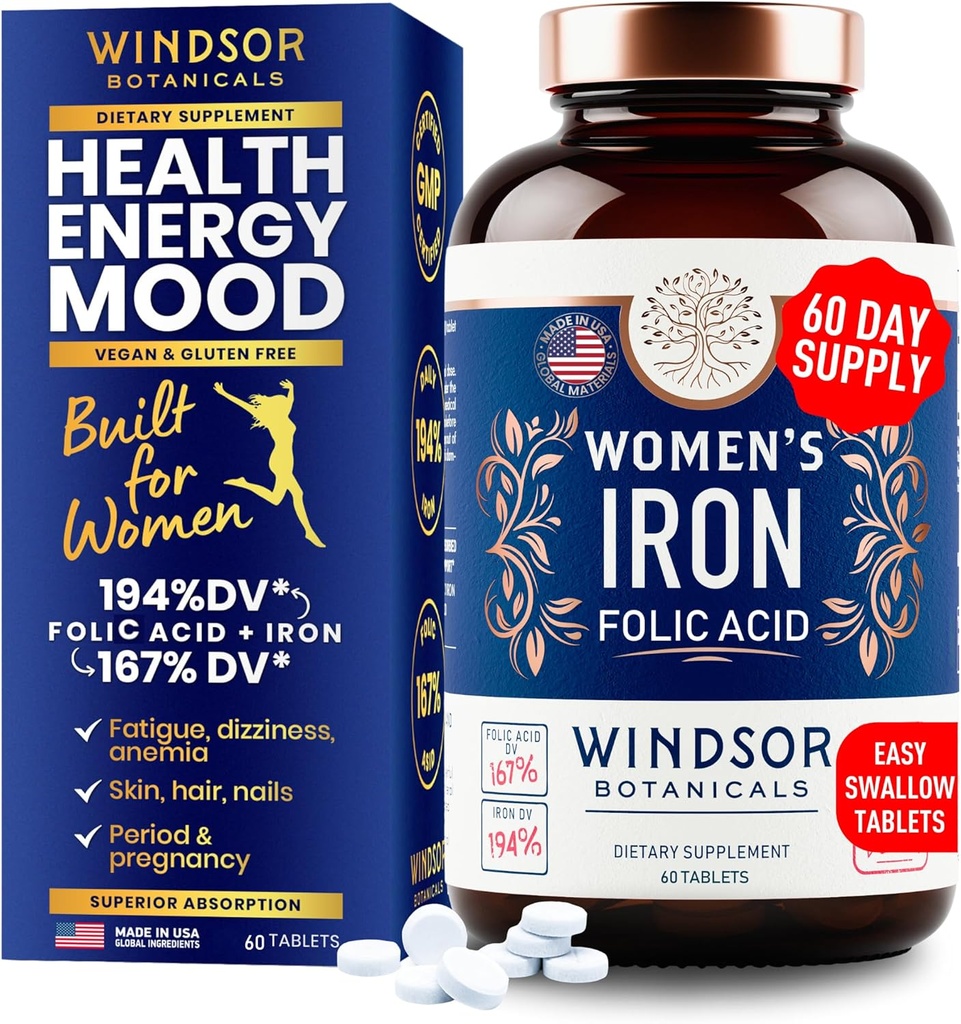 Iron and Folic Acid Supplements for Women - 35mg Gentle Iron Vitamin, Folic Acid 400mcg - Anemia, Period, Pregnancy Support Supplement, Ferrous Sulfate Pills - 60 Vegan Non-Constipating Tablets