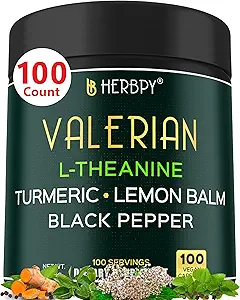 5in1 Valerian Root Capsules Plus L-Theanine, Lemon Balm, Turmeric and Black Pepper for Relaxation, Restful Night, Digestion & Immune Support - 100 Count