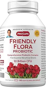 ANDREW LESSMAN Friendly Flora Probiotic 180 Capsules - 10 Billion CFU, Comprehensive Blend of Five Probiotic Strains, Powerful Immune and Digestive Support. Probiotics for Women or Men