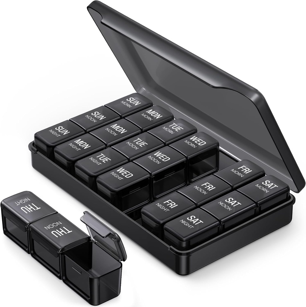 PULIV Pill Organizer 3 Times a Day in Black Color for Privacy Protection, Portable Weekly Pill Box 7 Day for Travel, Large Light-Proof Pill Case for Vitamins, Medications, Supplements and Fish Oils