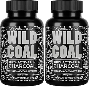 Wild Foods Activated Charcoal Capsules | 100% Organic Coconut Shells Active Tablets for Bloating Relief | Lab Tested & Non-GMO Detox Pills | USA (Two Bottles - 120 Capsules)