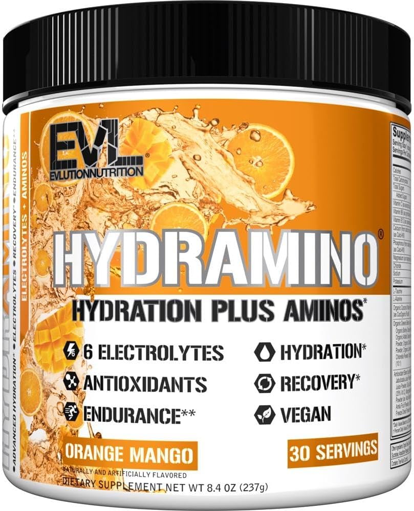 Evlution Nutrition HYDRAMINO Complete Hydration Multiplier, All 6 Electrolytes, Vitamin C & B, Fluid Boosting Aminos, Coconut Water, Endurance, Recovery, Antioxidants, 30 Serve, Orange Mango