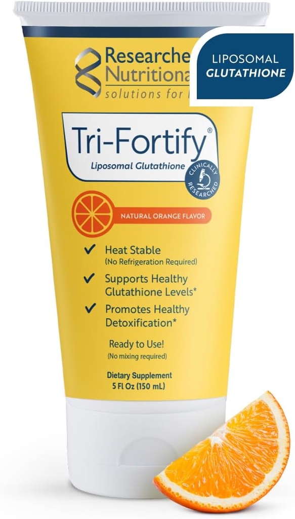 Researched Nutritionals Liposomal Glutathione (450mg) Liquid Gel + Vitamin C - Tri-Fortify - Aid Natural Energy, Immune Support & Detox - Clinically Researched for Absorption - Orange (5 Fl Oz)