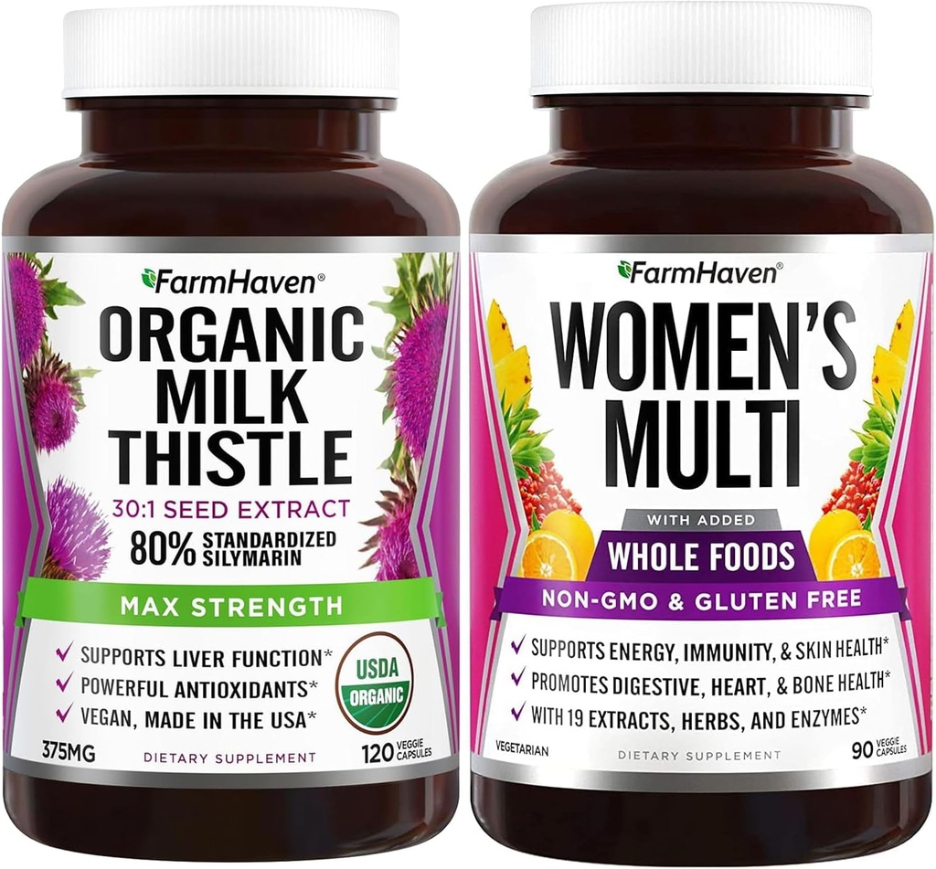 FarmHaven Milk Thistle Capsules and Multivitamin for Women | 22 Essential Nutrients, Fruits & Veggies Womens Multivitamin | Boosts Energy, Immune, Heart Health Bundle