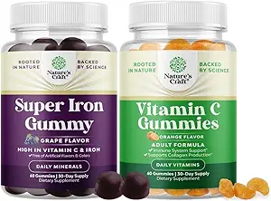 Bundle of Delicious Iron Gummies for Women and Men - Iron Supplement for Women and Men with Vitamin C for Higher Absorption and Chewable Vitamin C Gummies for Adults - Halal Vitamin C Immune Support